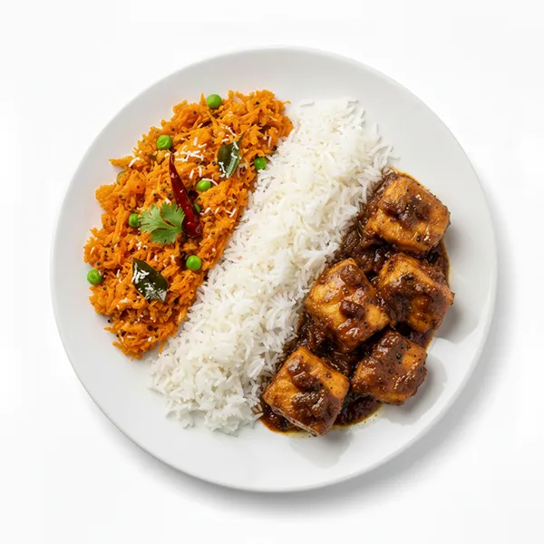 Tamarind & Black Pepper Fish with steames rice and carrot poriyal